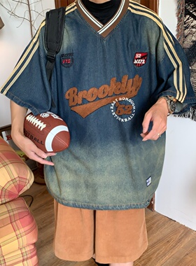 C2自制/美式复古毛巾绣字母牛仔短袖T恤女夏季宽松V领棒球上衣潮