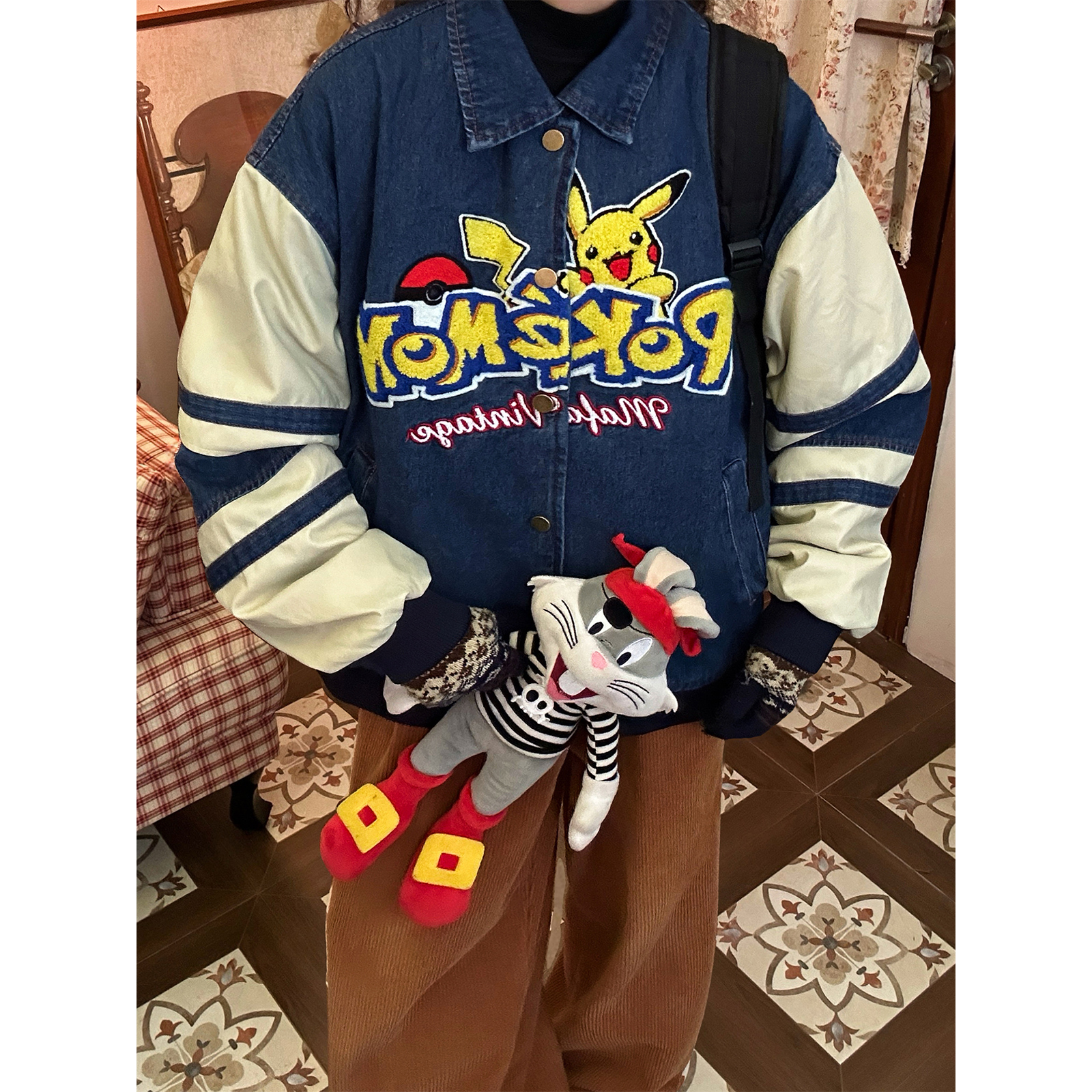 C2自制/皮卡丘植绒绣翻领牛仔棉服男女同款宽松保暖外套棒球服潮