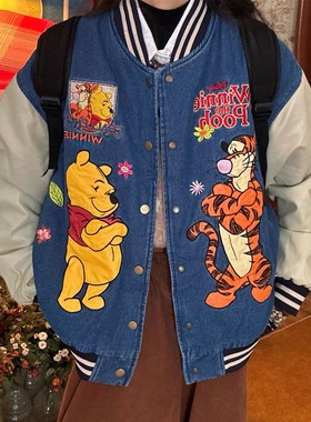 C2自制/复古蓝色牛仔棒球服外套男女加绒加厚pu皮拼接夹克棉服冬