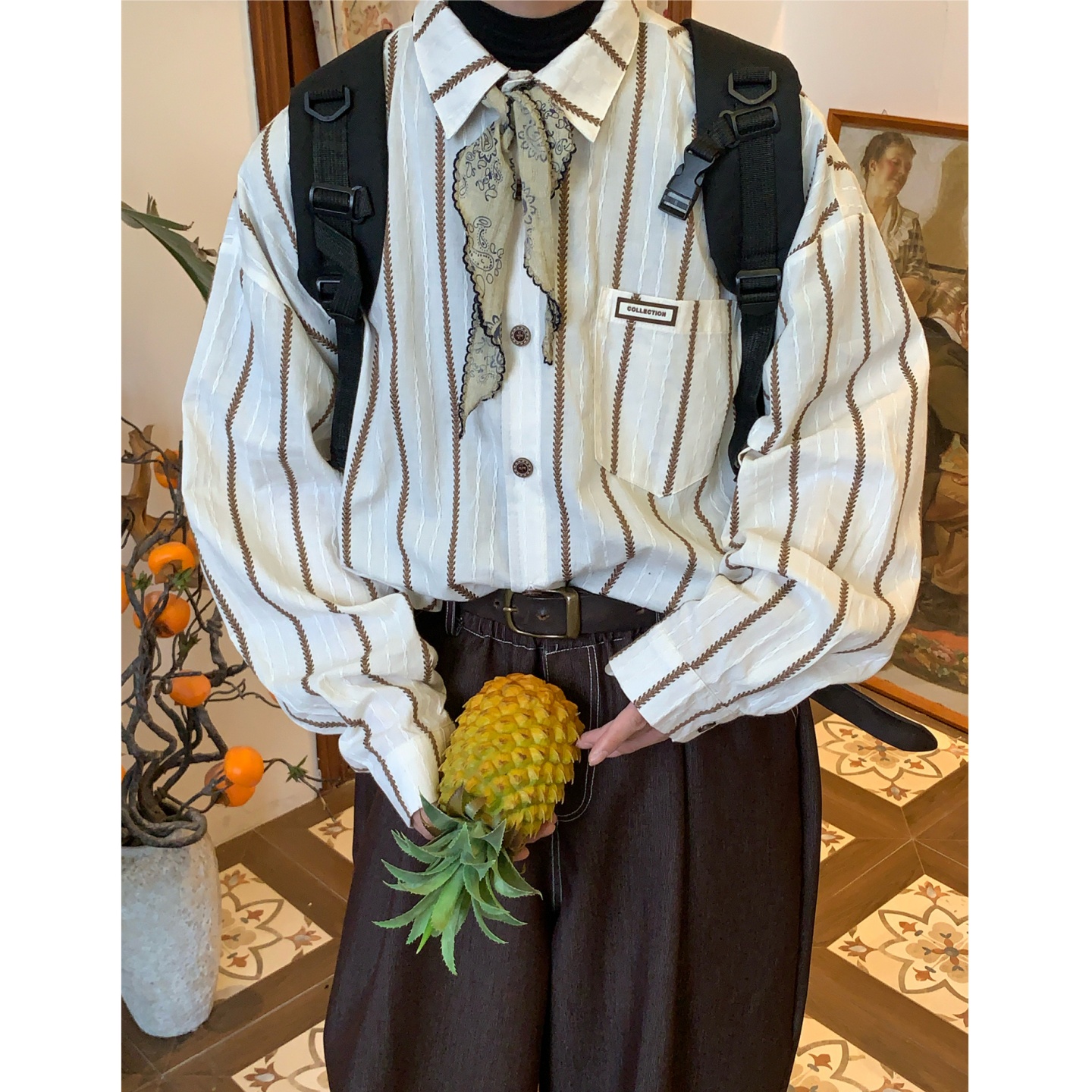 C2自制/日系复古条纹麦穗长袖衬衫男女同款宽松休闲学院风上衣潮