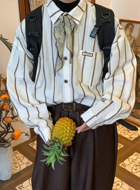 C2自制/日系复古条纹麦穗长袖衬衫男女同款宽松休闲学院风上衣潮