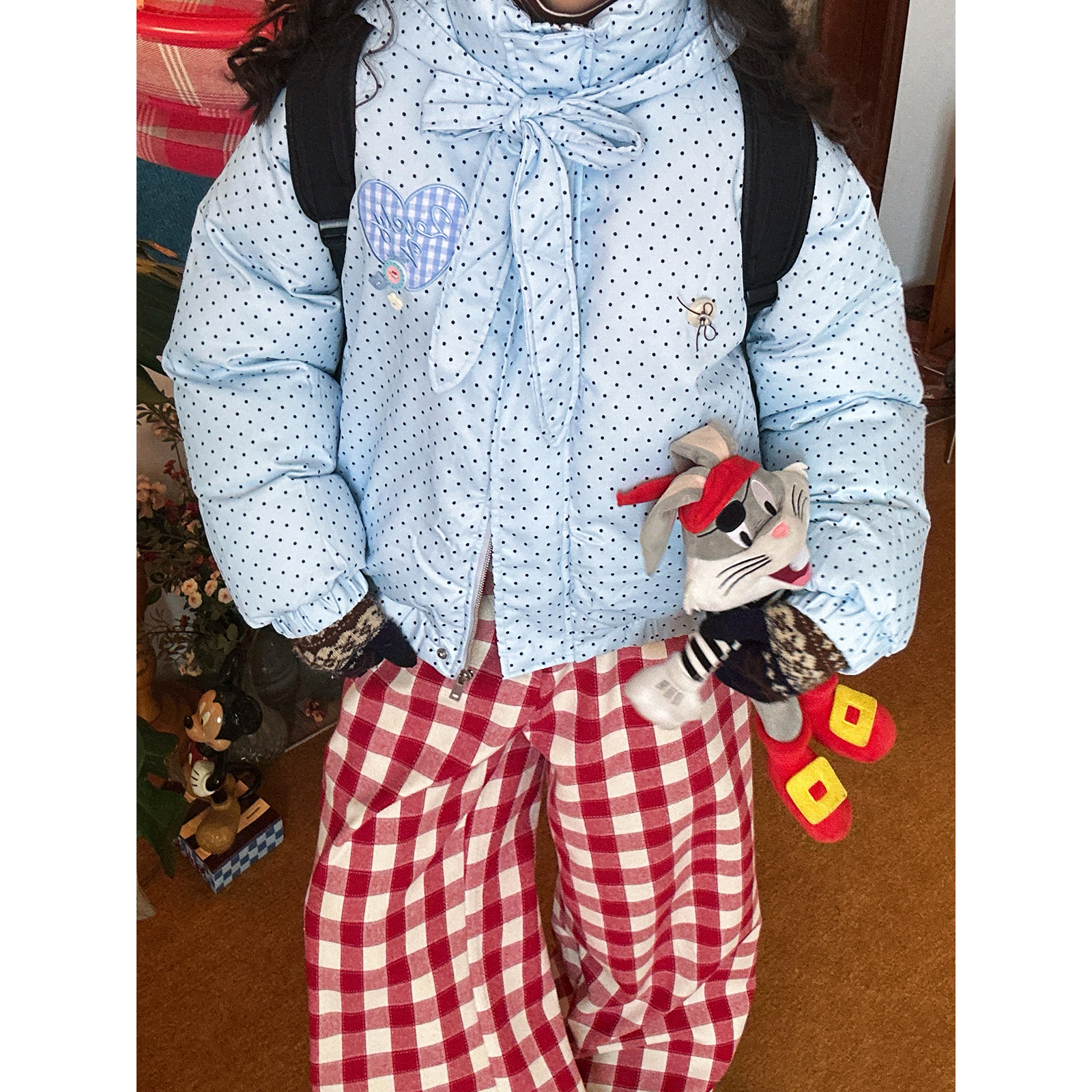 【新品买二送一】韩系波点满印爱心贴布绑带连帽棉服女冬保暖外套