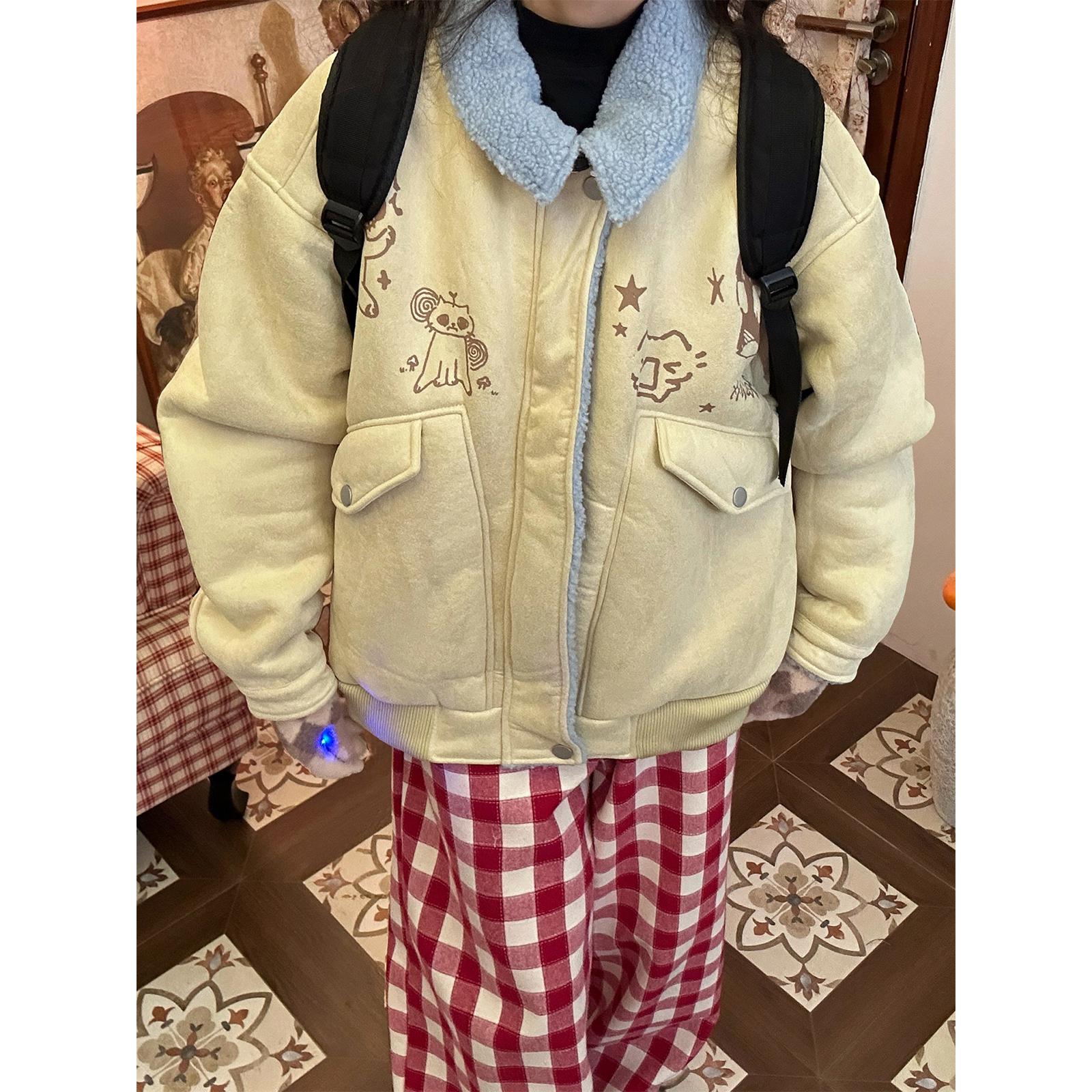 C2自制/卡通印花羊羔毛棉服男女同款冬季翻领宽松加厚保暖外套潮