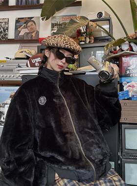 C2自制/美式复古小众柔软外套冬季毛毛短款刺绣两面穿夹克情侣潮