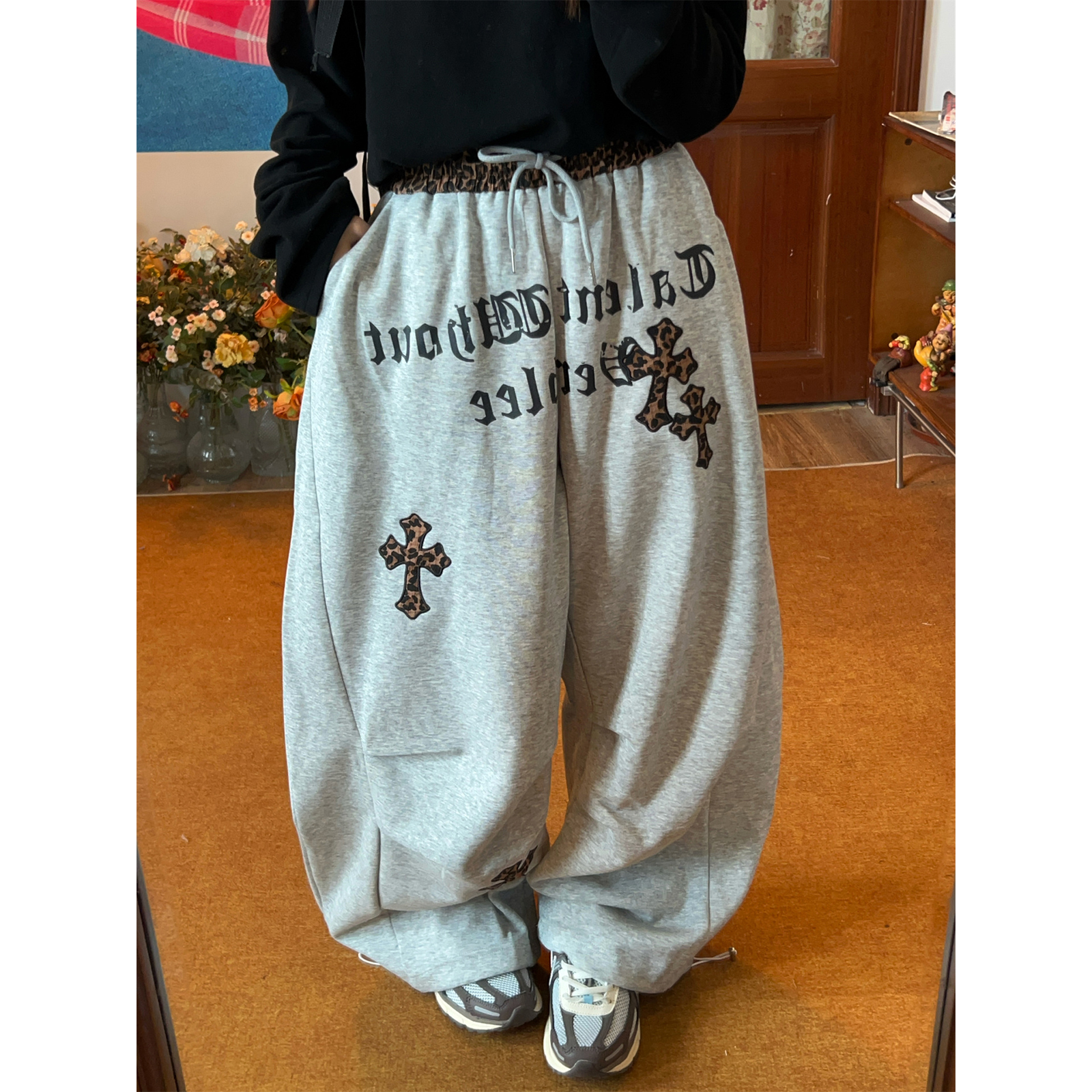 C2自制 /美式豹纹十字架绑带休闲裤男女秋冬新款宽松bf阔腿裤卫裤