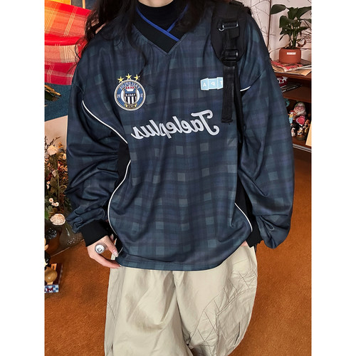 C2自制/美式复古格纹刺绣V领长袖T恤男女春季新款宽松休闲上衣潮