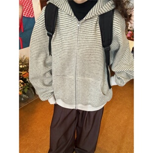 开衫 C2自制 小众设计美式 新款 上衣 条纹连帽拉链外套男女2025秋季