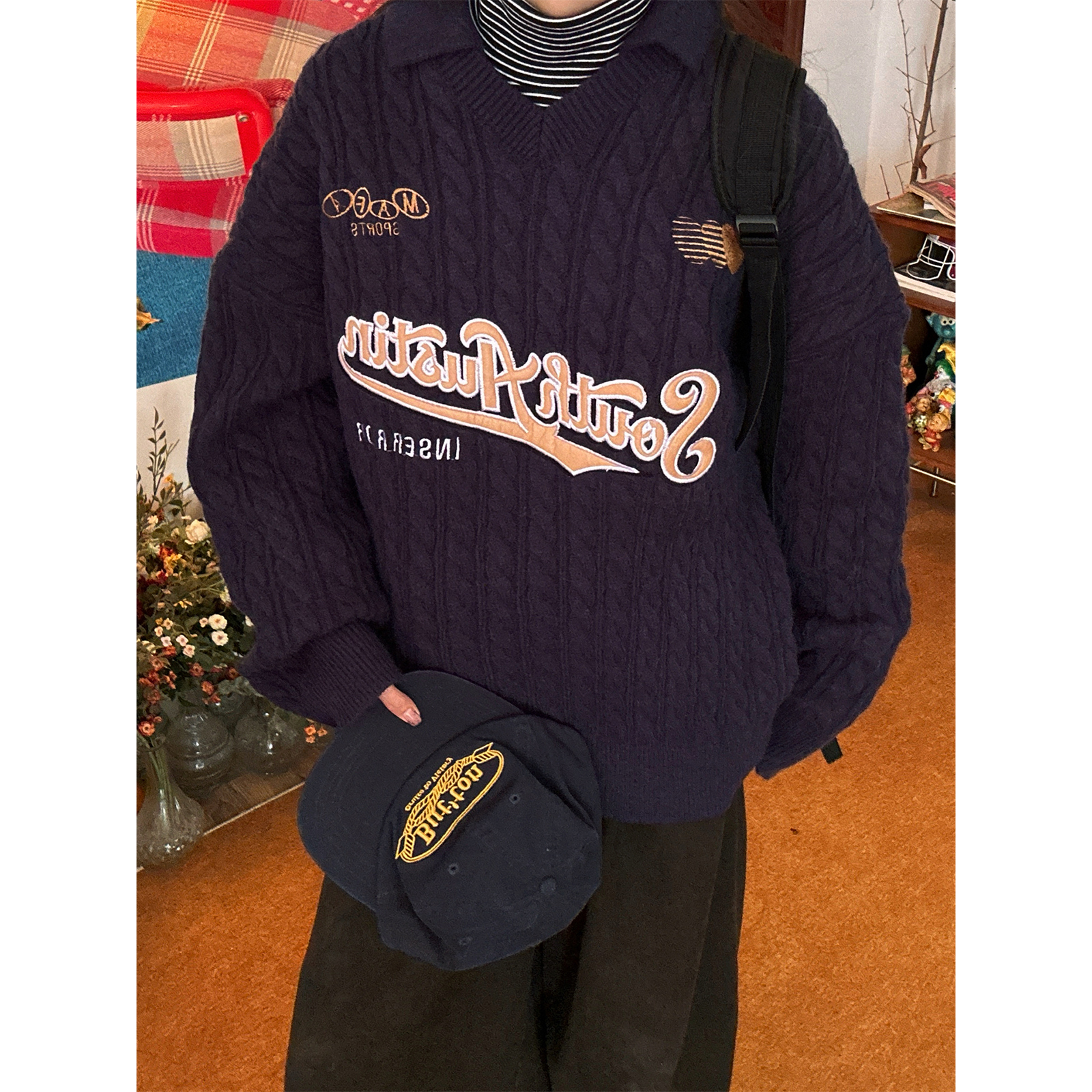 C2自制/美式V领刺绣麻花针织衫秋冬款复古慵懒毛衣男女同款街头风