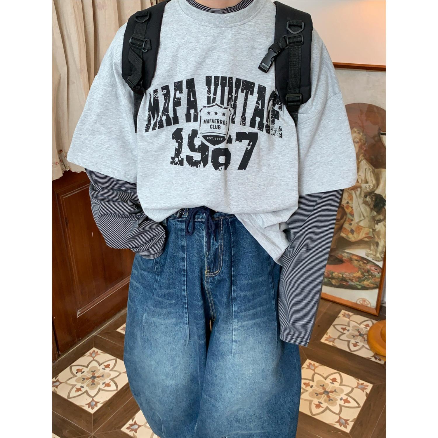C2自制/美式复古假两件小高领长袖T恤衫设计感高街潮牌打底上衣男