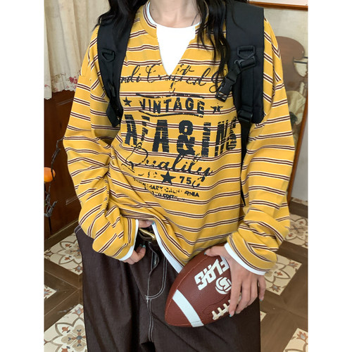 C2自制/复古撞色条纹长袖T恤男女同款秋季宽松假两件字母印花上衣