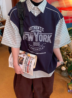 C2自制/假两件格纹拼接短袖T恤男女同款美式复古风字母印花上衣潮