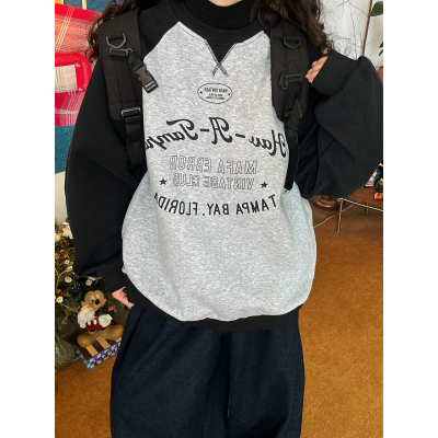 C2自制/撞色插肩袖卫衣春季新款女宽松bf美式学院风字母印花上衣