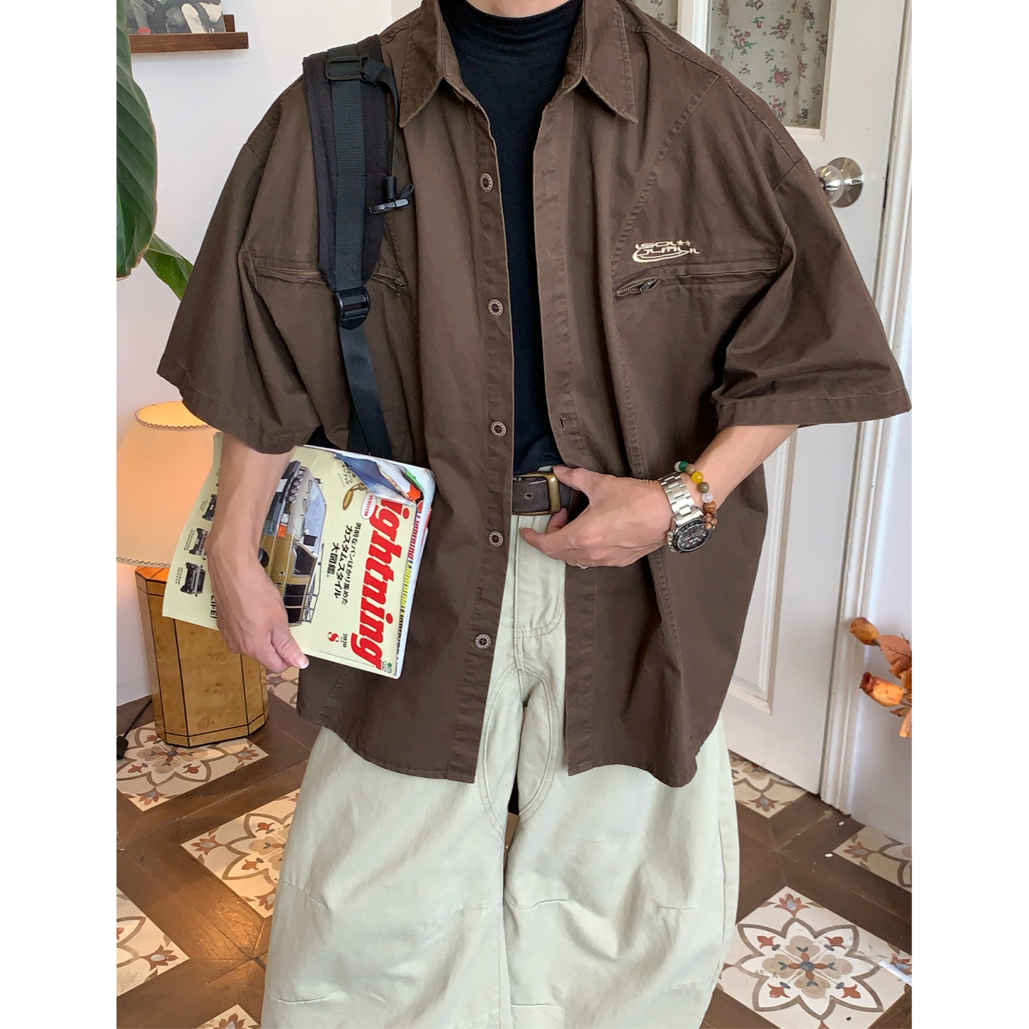 C2自制/美式复古刺绣裁剪工装短袖衬衫女夏季潮牌设计感半袖衬衣