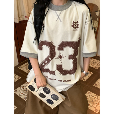 C2自制/美式复古数字印花短袖T恤男女宽松bf风撞色圆领落肩袖上衣