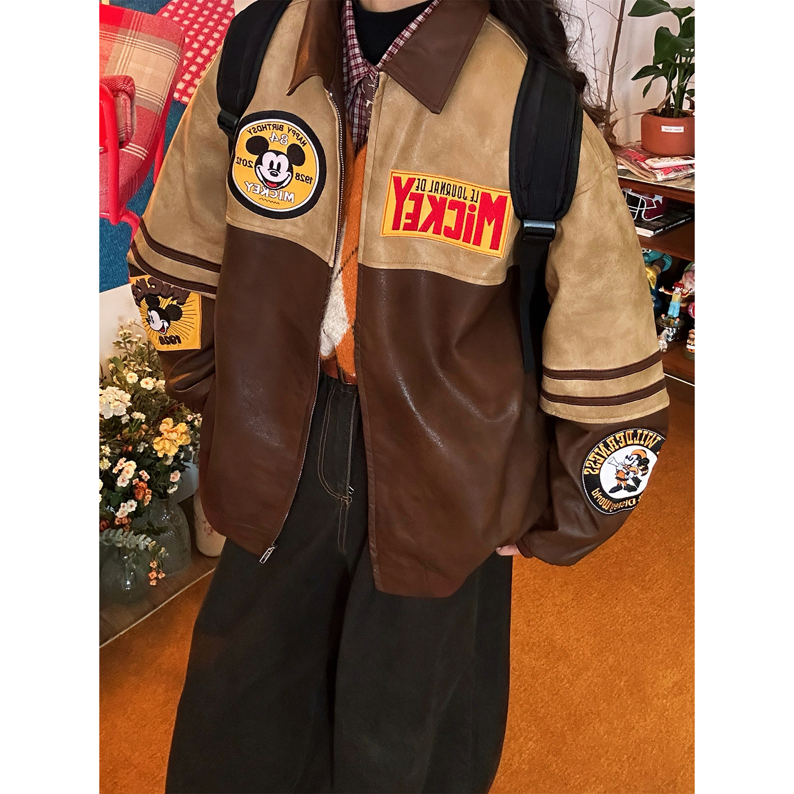 C2自制/复古米奇卡通撞色拼接皮衣外套男女同款秋款百搭宽松上衣