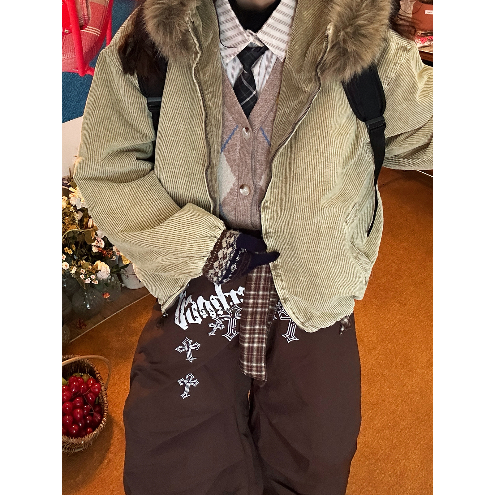 C2自制/水洗做旧灯芯绒连帽拼接毛领棉服女冬季新款保暖百搭外套