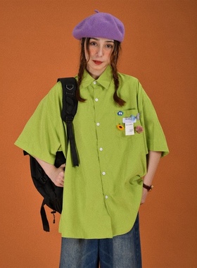 C2自制/多巴胺彩色百搭短袖衬衫情侣宽松糖果色半袖衬衣潮牌上衣