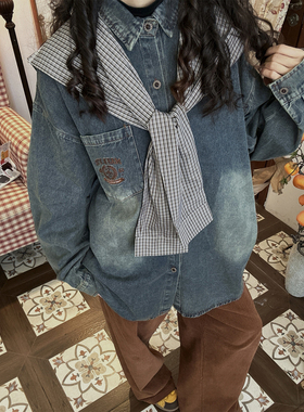 C2自制/美式复古做旧格子披肩牛仔衬衫男女秋宽松设计感百搭上衣