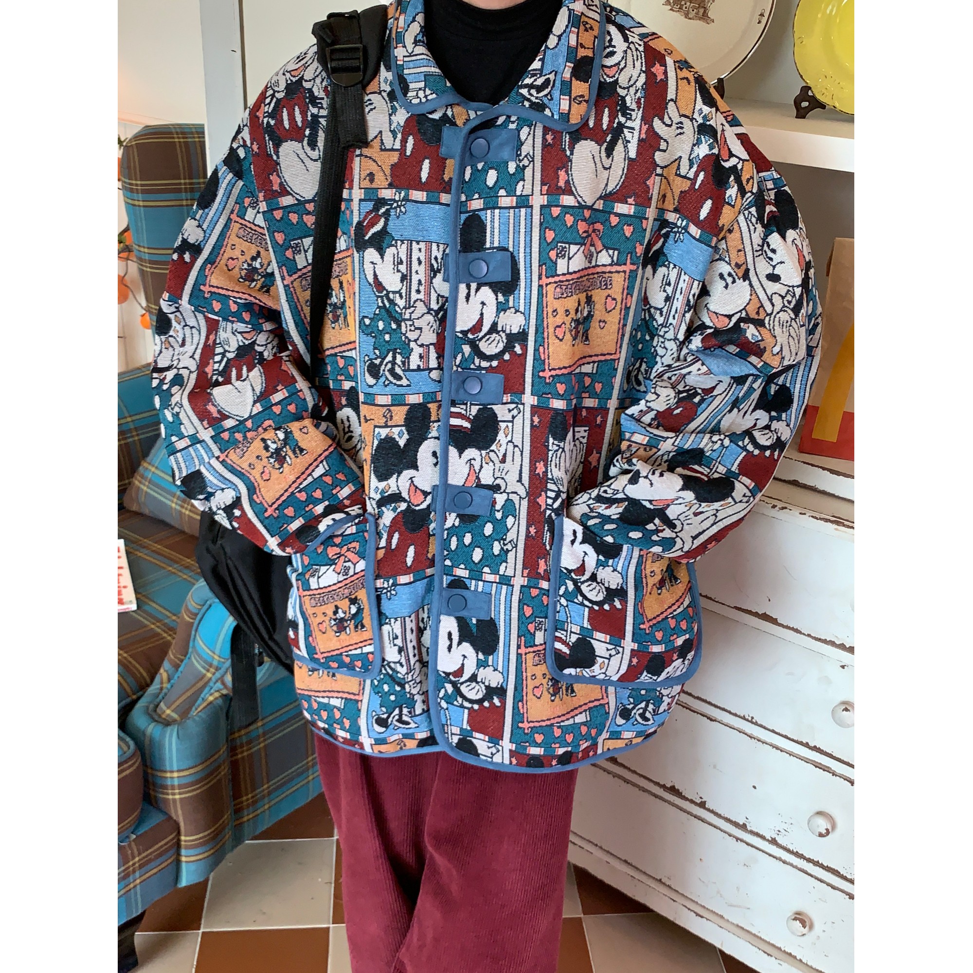 C2自制美式复古提花米奇夹克外套