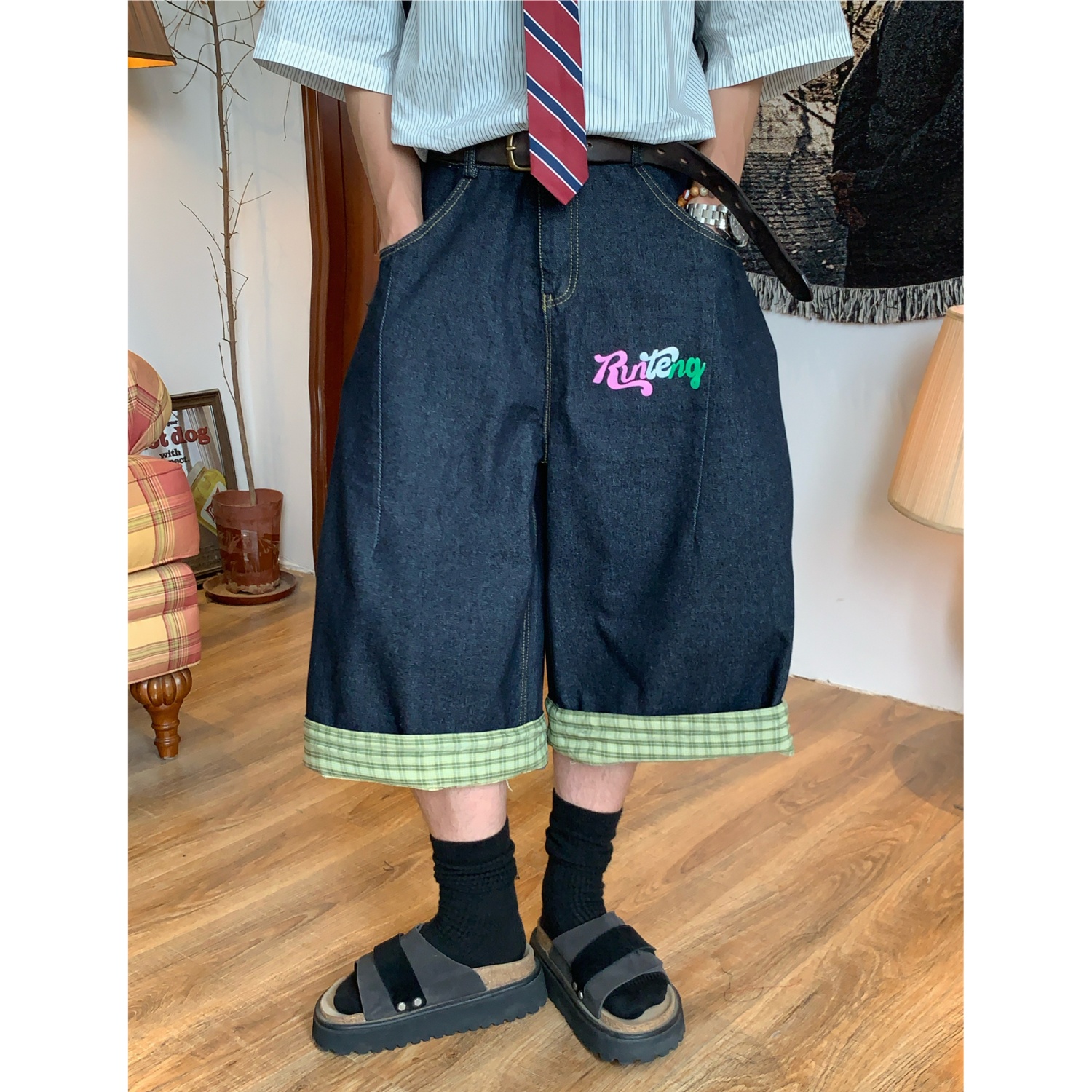 C2原创/美式复古格纹拼接牛仔七分裤女夏季高街设计感宽松阔腿裤