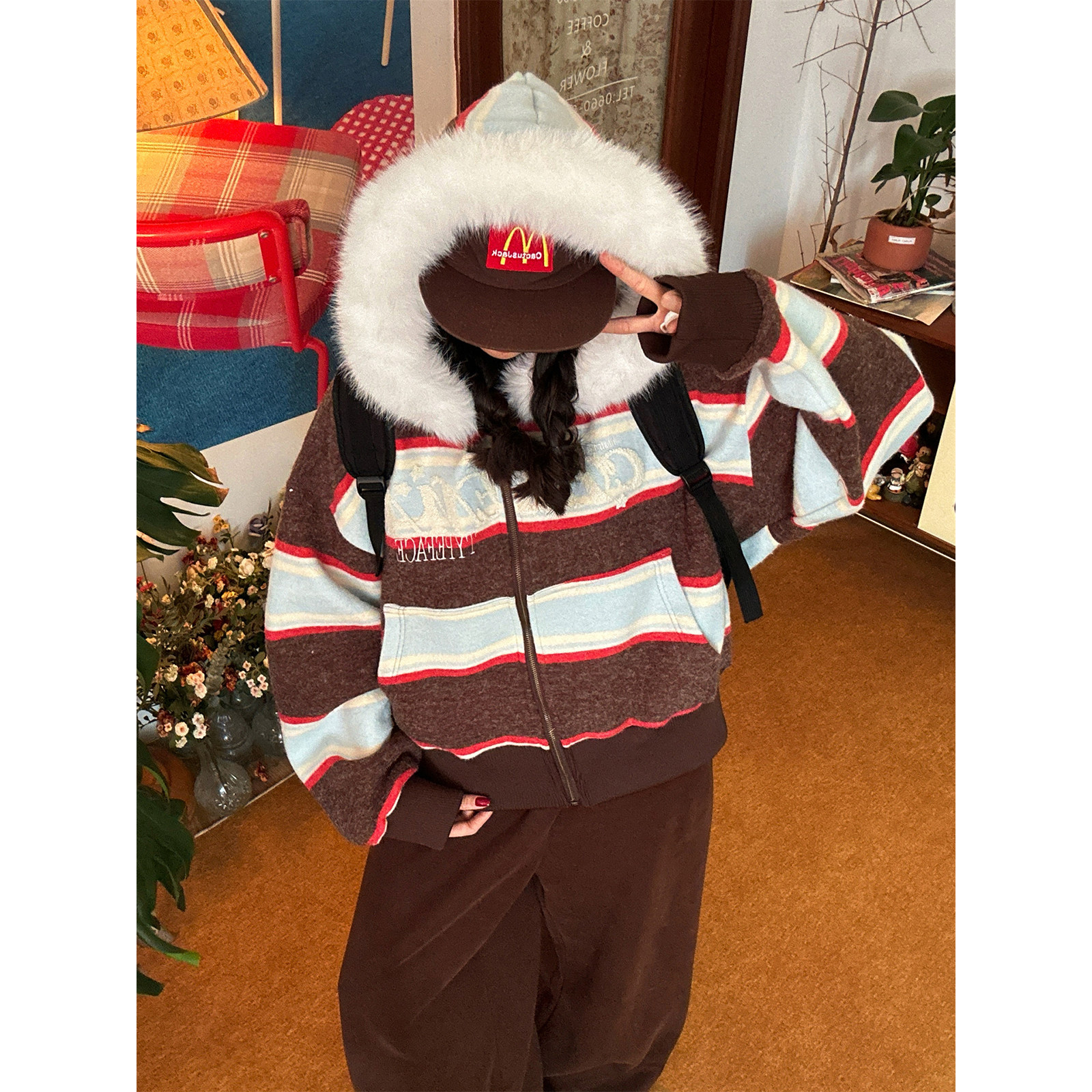 C2自制/复古撞色条纹连帽大毛领棉衣女秋冬新款宽懒氛围感外套潮,女装/女士精品,棉衣/棉服,淘宝优惠券,粉丝福利购,淘宝优惠卷