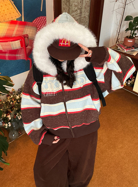 C2自制/复古撞色条纹连帽大毛领棉衣女秋冬新款宽懒氛围感外套潮