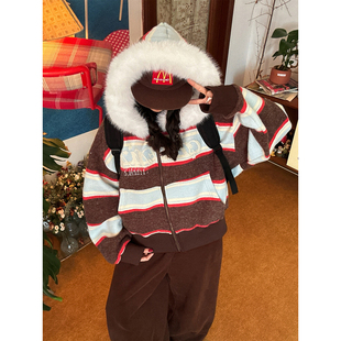 C2自制 宽懒氛围感外套潮 复古撞色条纹连帽大毛领棉衣女秋冬新款