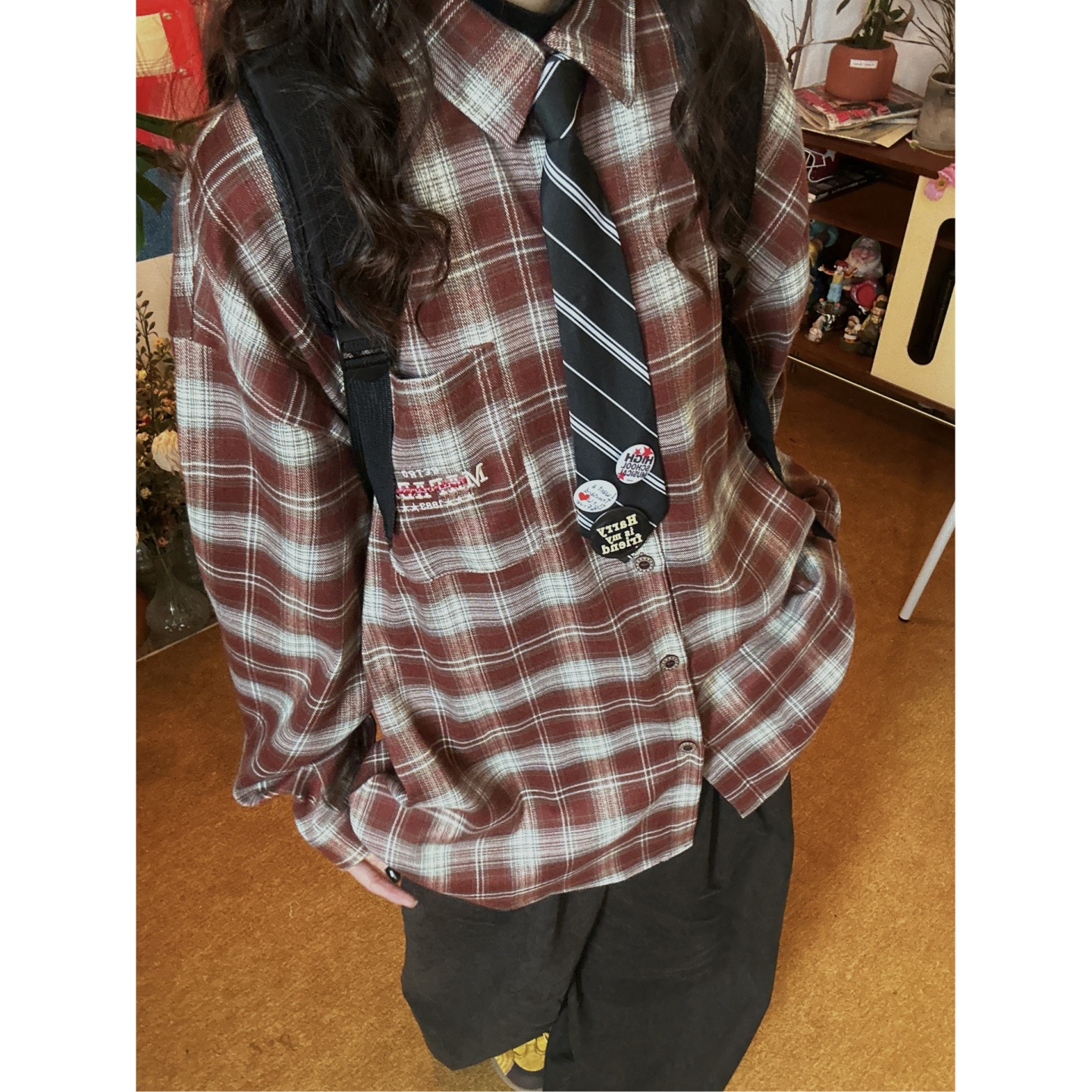 C2自制/美式复古格子长袖衬衫男女磨毛衬衣秋季新款宽松休闲上衣