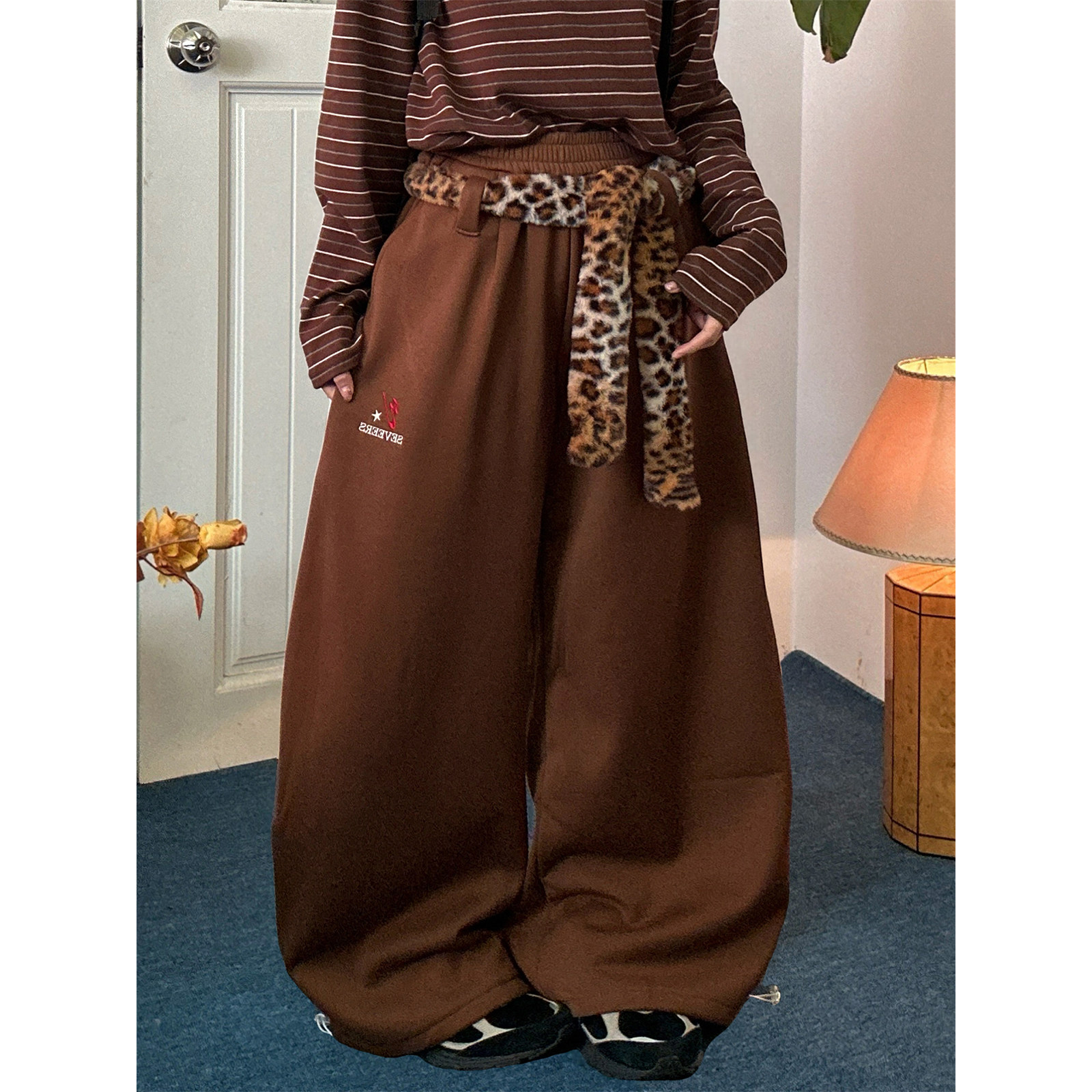 C2自制 /豹纹腰带加绒阔腿裤男女同款宽松垂坠感休闲裤弯刀裤长裤,女装/女士精品,休闲裤,淘宝优惠券,粉丝福利购,淘宝优惠卷