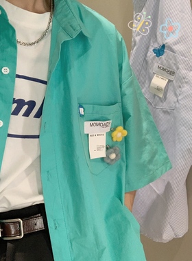 C2自制/别针花朵宽松衬衫超火cec湖蓝色衬衣纯色百搭学生半袖上衣