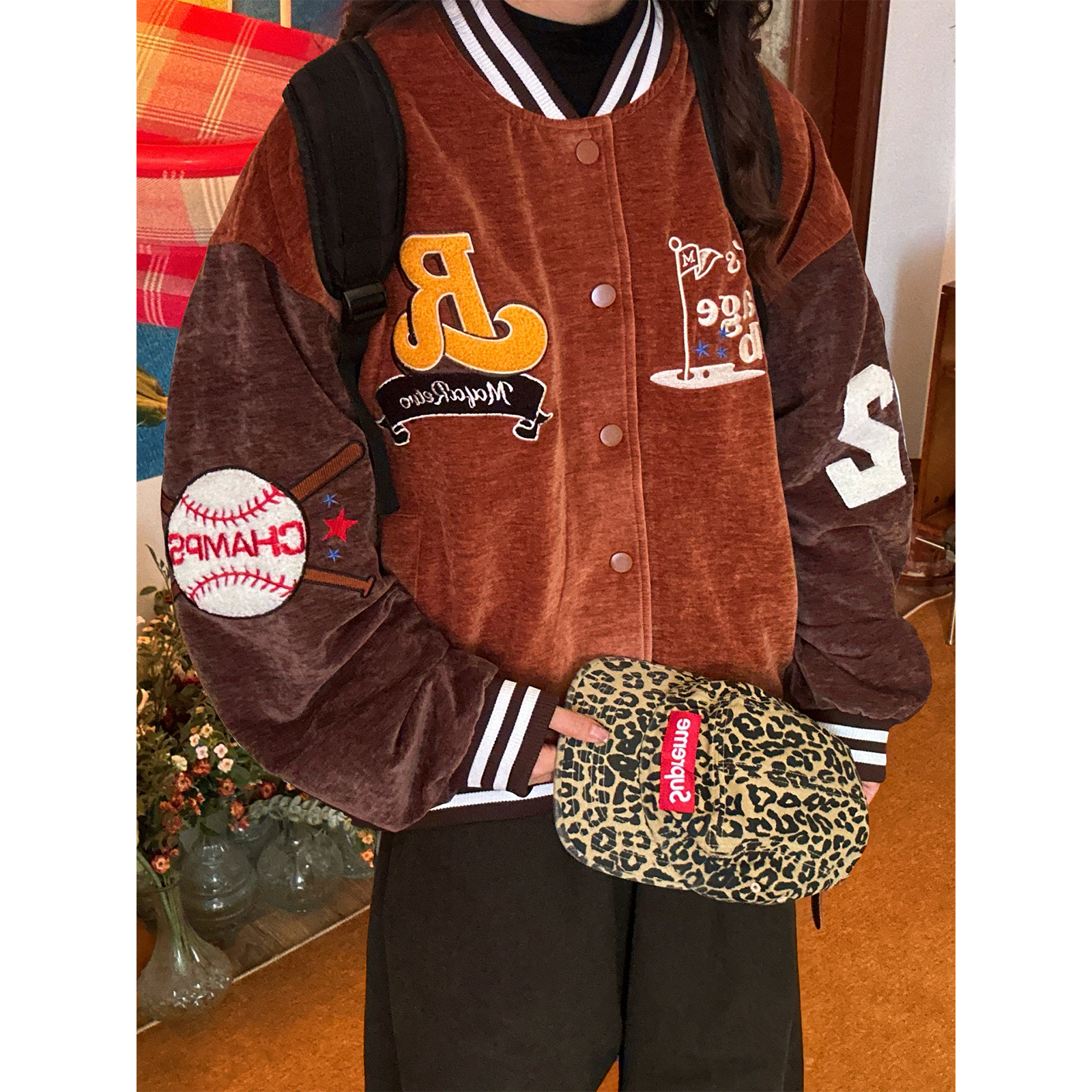 C2自制/美式复古棒球服外套女拼接夹克宽松情侣学院上衣秋冬新款