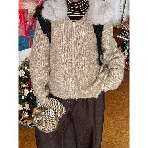 【新品买二送一】复古毛领拉链针织开衫女冬季慵懒风宽松毛衣外套