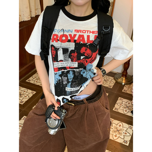 T恤男女撞色宽松上衣26夏季 C2自制 美式 街头摇滚乐队印花短袖 新款