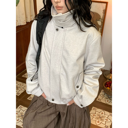 C2自制/美式复古风立领廓形短外套女夹克慵懒风宽松百搭上衣秋季
