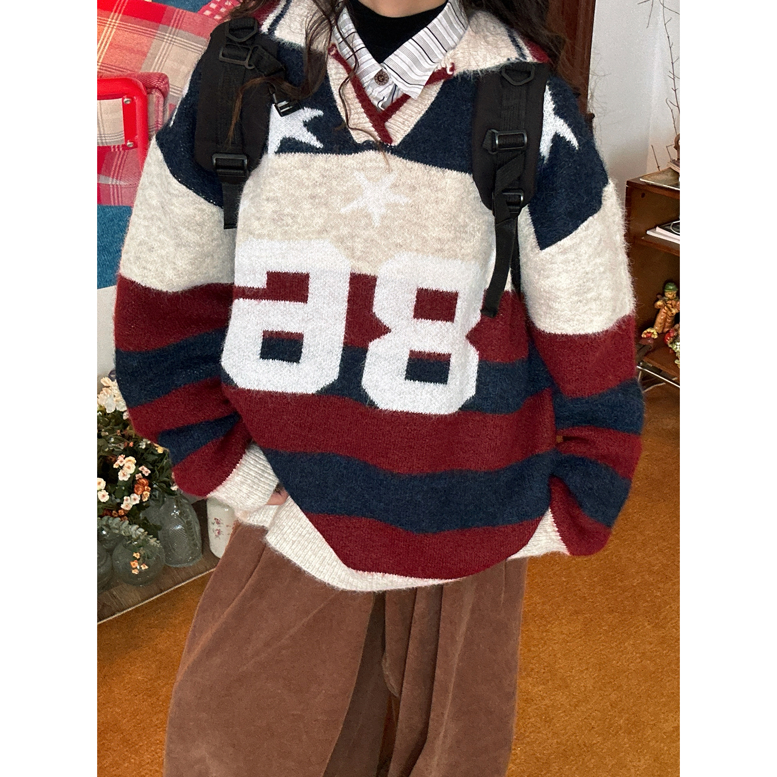 C2自制/美式翻领拼色条纹毛衣宽松秋冬新款学院风针织衫男女同款