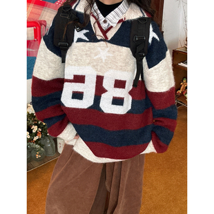 男女同款 C2自制 学院风针织衫 翻领拼色条纹毛衣宽松秋冬新款 美式