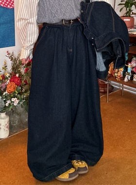 C2自制/美式复古水洗做旧牛仔裤男女同款宽松直筒阔腿拖地长裤潮