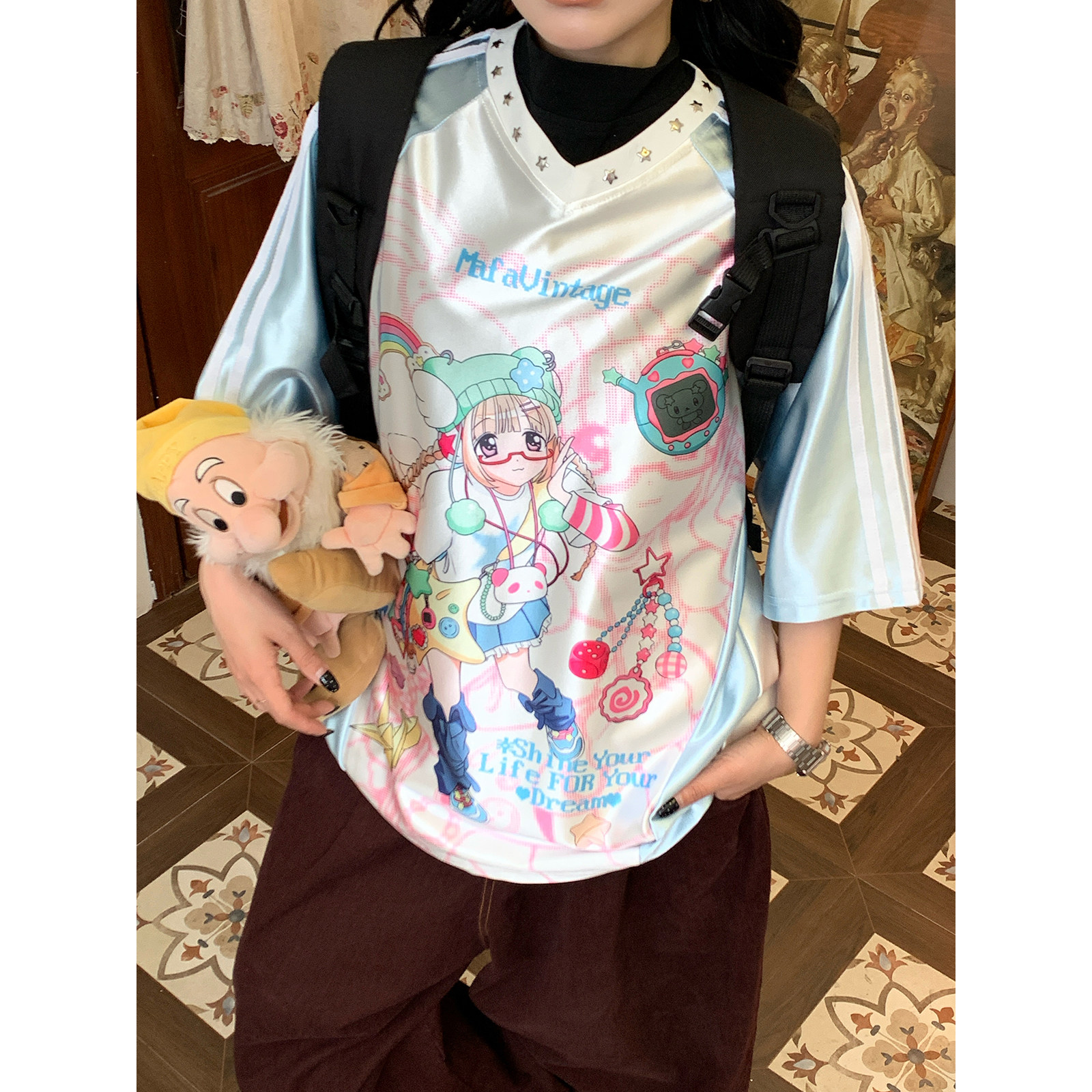 C2自制/动漫卡通印花短袖T恤女y2k星星铆钉宽松显瘦上衣夏季新款