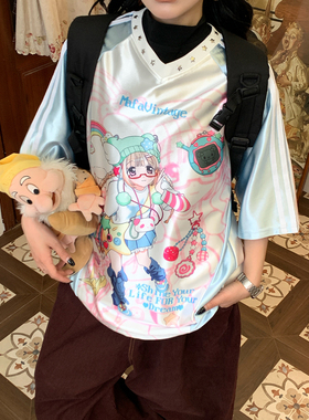 【新品买二送一】动漫卡通印花短袖T恤女y2k星星铆钉宽松显瘦上衣