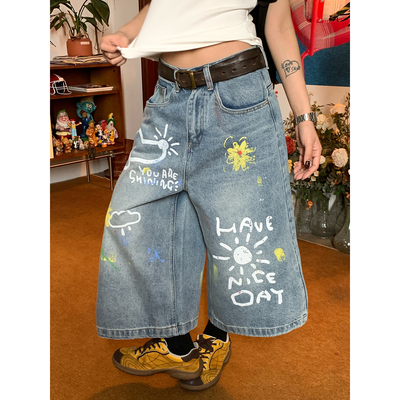 C2自制/涂鸦印花七分牛仔裤夏季新款女新款宽松bf风童趣百搭裤子