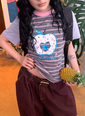 C2自制/多巴胺风撞色条纹卡通印花短袖T恤女夏季可爱减龄百搭上衣