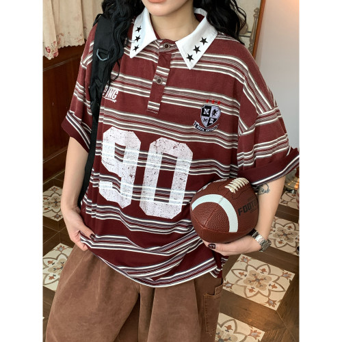 C2自制/美式复古条纹polo领短袖T恤男女学院宽松百搭上衣夏季新款