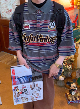 C2自制/美式复古撞色条纹字母印花POLO衫领男女短袖T恤上衣26新款