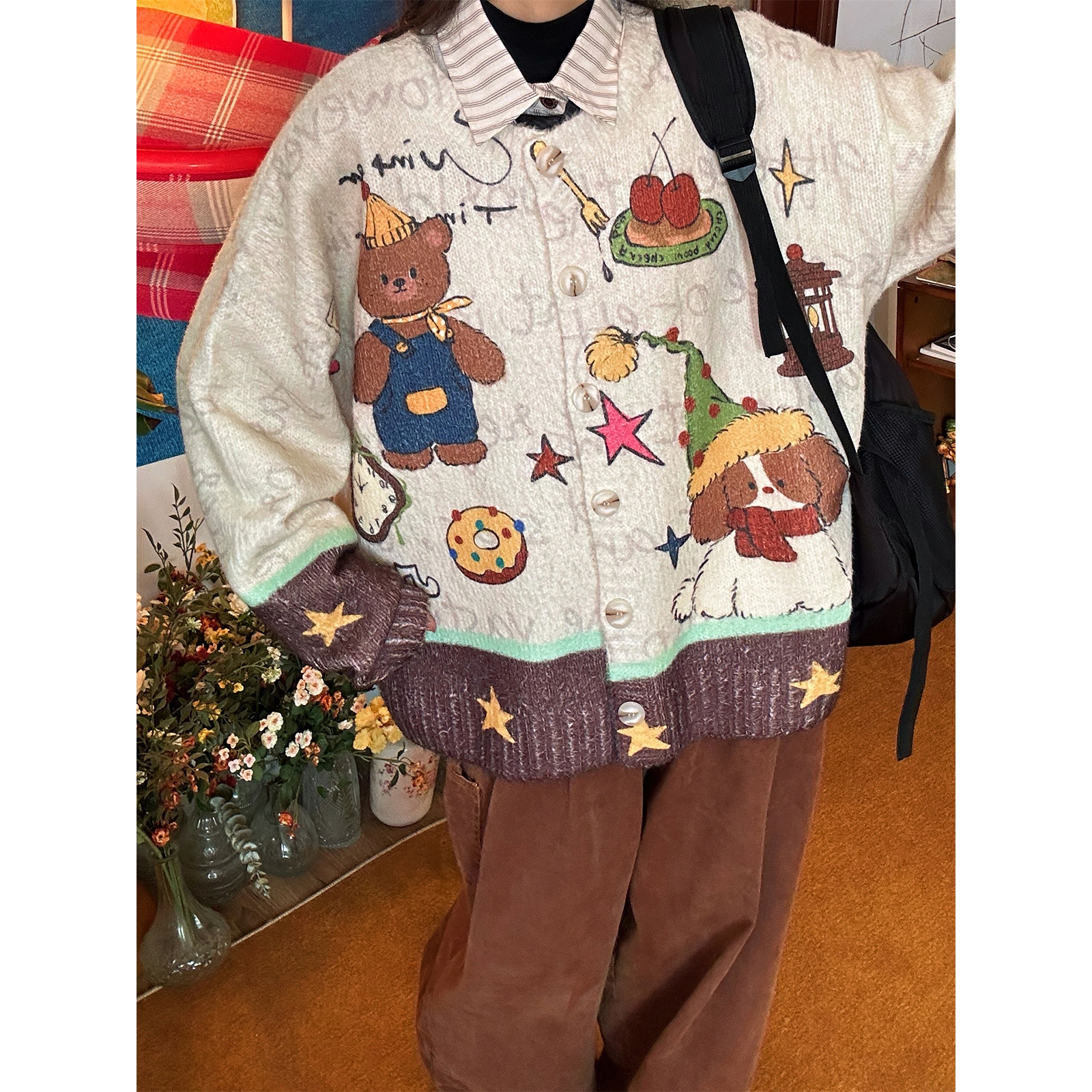 【新品买二送一】秋冬卡通提花针织开衫毛衣男女同款宽松上衣外套