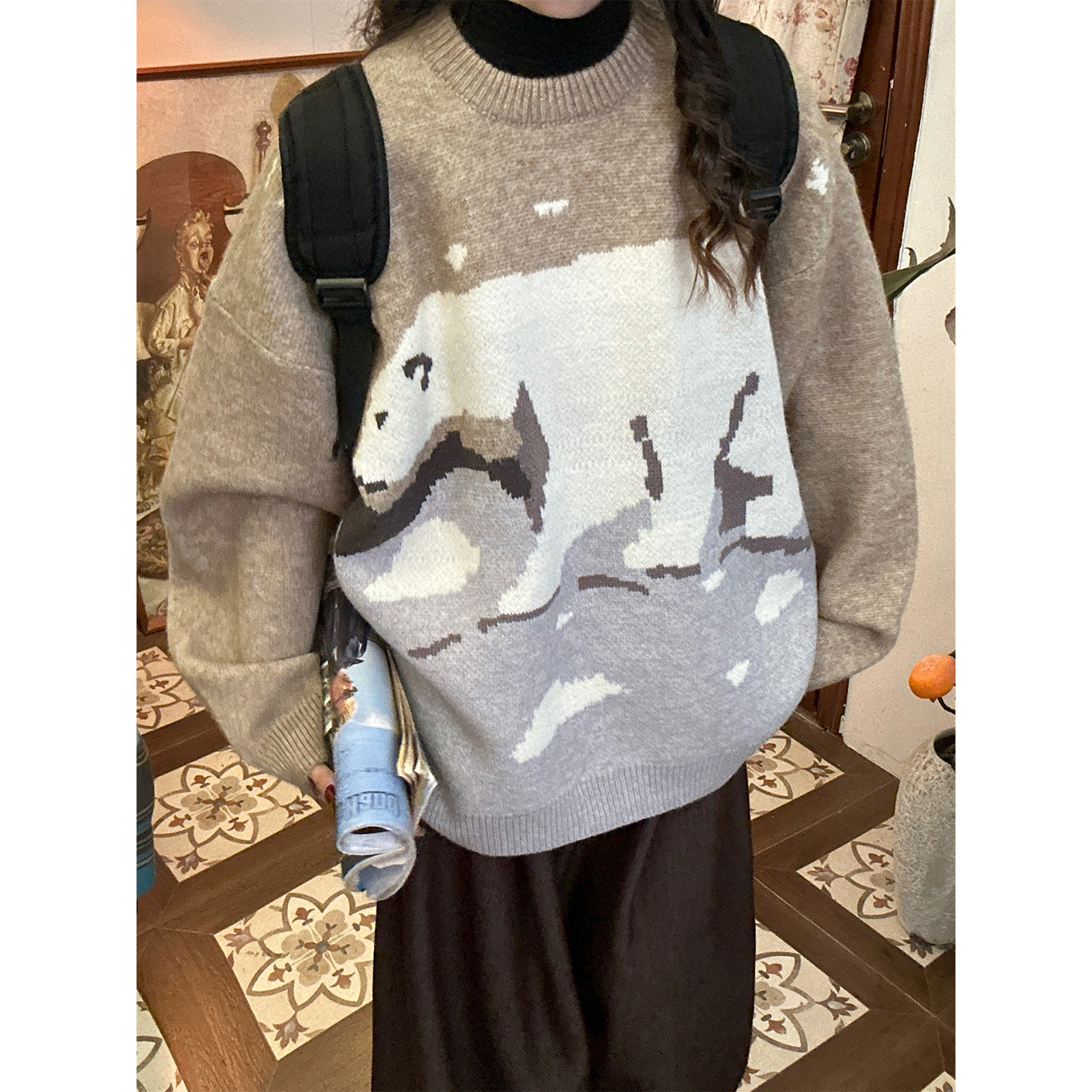 C2自制/复古卡通刺绣圆领毛衣男女同款秋冬新款宽松慵懒针织上衣