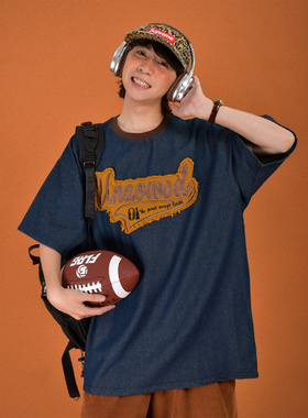 C2自制/夏季美式复古牛仔短袖T恤宽松圆领oversize休闲半袖上衣潮