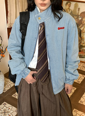 C2自制/复古学院风条纹外套男女翻领拉链宽松休闲百搭夹克上衣