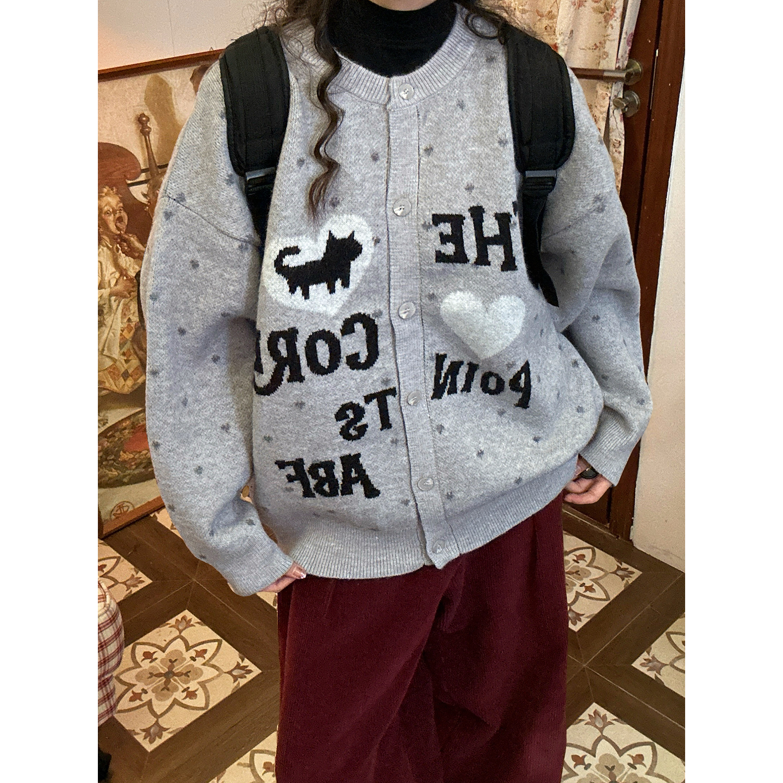 C2自制/波点爱心猫咪提花秋冬款男女同款宽松开衫针织衫百搭毛衣