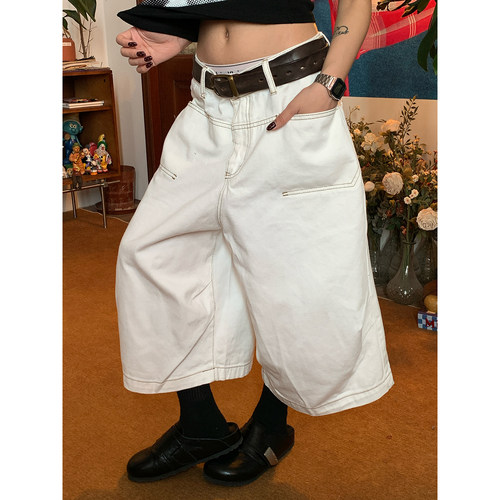 C2自制/美式复古阔腿牛仔裤女七分裤高街水洗宽松直筒裤夏季新款