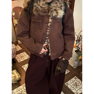 C2自制 /豹纹毛领夹克棉服男女同款麂皮绒金属扣秋冬新款夹棉外套